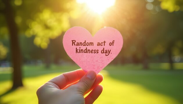 Hand holds pink heart note with Random act of kindness day text in sunny park outdoors. Green trees, bright sunlight create warm bokeh background. Message inspires compassion, empathy, giving,
