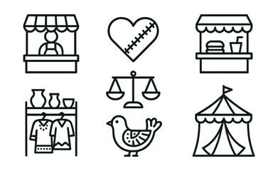 Naklejka premium Series of black and white icons that include a clothes rack, a bird, a heart
