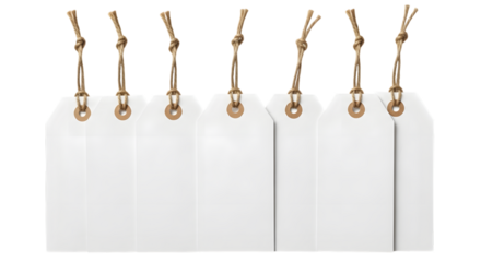 Six blank white gift tags with strings attached, isolated on transparent background