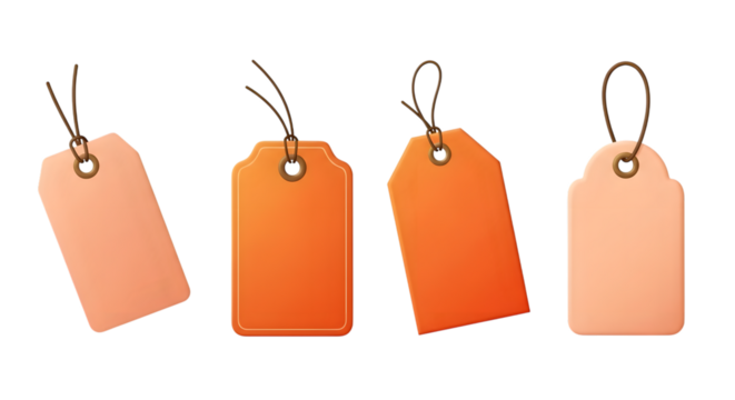 Four blank price tags or gift tags, two orange and two peach, isolated on transparent background