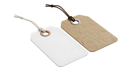 Two blank gift tags, one white and one brown kraft paper, isolated on transparent background