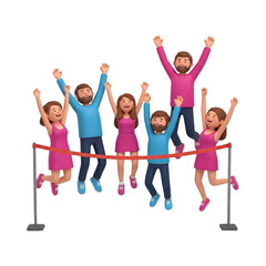 Fototapeta premium Group of people celebrating a victory, jumping with arms raised near a finish line.