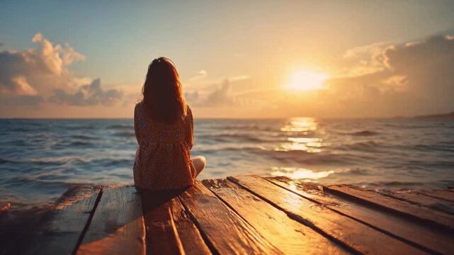 Serene Contemplation at Sunset: A lone individual sits peacefully on a wooden pier, facing the vast ocean as the sun dips below the horizon, creating a scene of tranquil beauty and self-reflection.