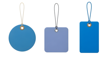 Three blue price tags of different shapes, isolated on transparent background