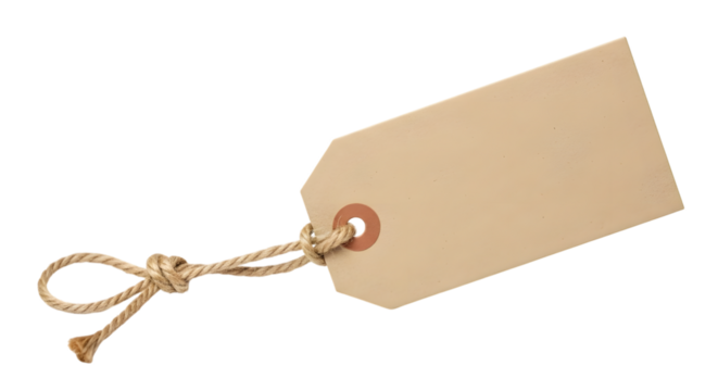 A blank, brown, rectangular paper tag with a rough texture and a hole punched in one corner, attached to a coarse twine string tied in a knot, isolated on transparent background