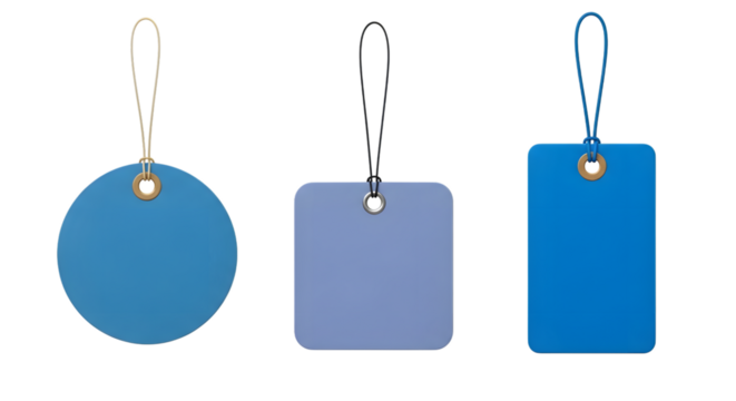 Three blue price tags of different shapes, isolated on transparent background - Powered by Adobe