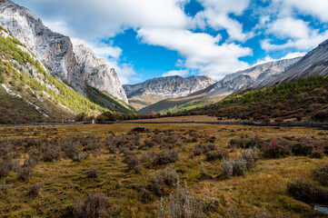 Scenic highland valley grasslands in the Qinghai-Tibet Plateau region in autumn