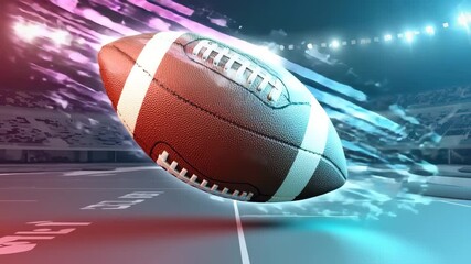 American football speeding across a dynamic stadium field with glowing lights and digital overlay - Powered by Adobe