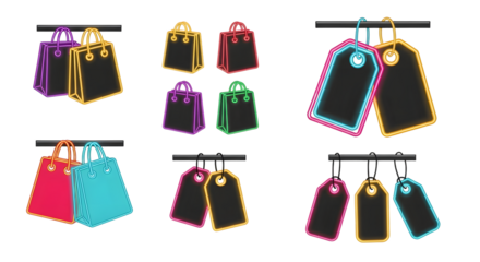 Collection of colorful shopping bags and price tags with neon effect, isolated on transparent background