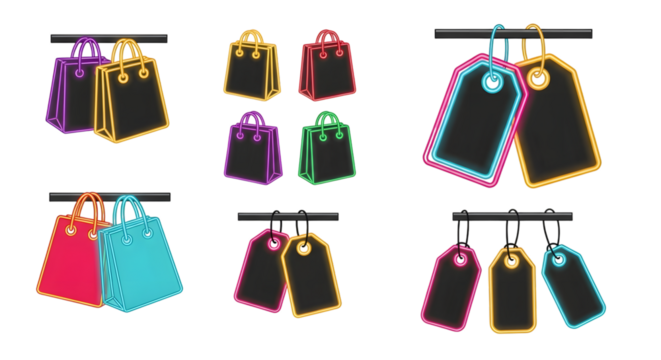 Collection of colorful shopping bags and price tags with neon effect, isolated on transparent background