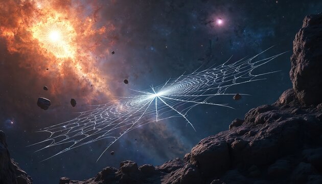 Cosmic spider web floats across vast universe. Colorful nebulae and distant stars surround the intricate web. Asteroids drift near textured planet surface.