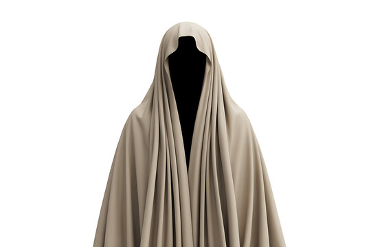 Figure shrouded in a neutral-toned hood, obscuring identity, creating an aura of mystery and anonymity.