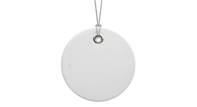 A plain white circular ceramic ornament with a silver loop and string, isolated on transparent background