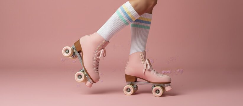 Person is wearing light pink roller skates with white socks featuring pastel stripes, evoking an active, nostalgic, and fun disco retro aesthetic on a pink background