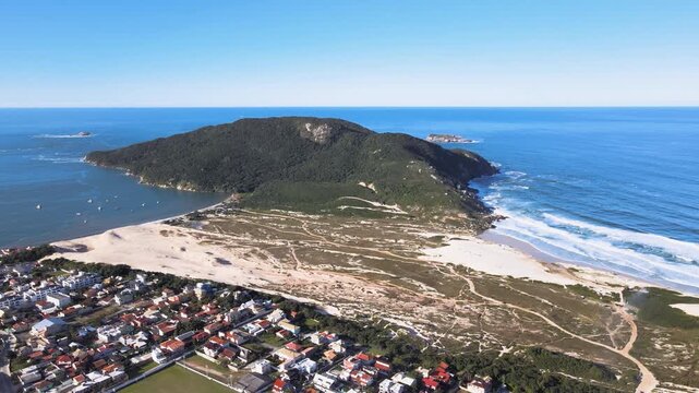 Panoramic aerial view of Santinho and Ingleses beach in Florian&oacute;polis, Santa Catarina, urban complex on the coast, city master plan, neighborhoods and restinga area.
