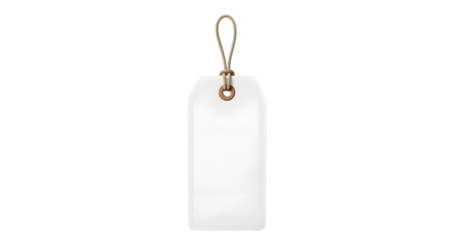 A blank white price tag with a rope hanger, isolated on a transparent background, ready for customization with text or branding