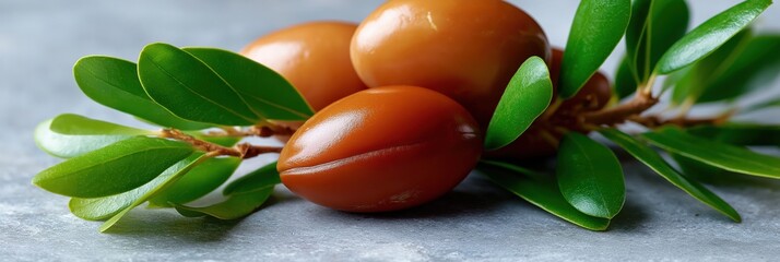 Close-up of fresh brown argan nuts with glossy green leaves on gray background