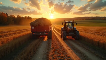 Fototapeta premium Sunset above field with tractor and haystack. Farming machinery transports crops in golden light. Agribusiness vehicle works in countryside after harvesting on farmland landscape at autumn season.