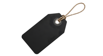 A blank black tag with a string loop, isolated on a transparent background