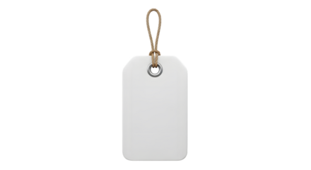 Blank white rectangular tag with rounded corners and a metal grommet, hanging from a loop of coarse twine, isolated on transparent background