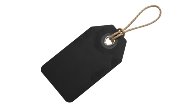 A blank black tag with a string loop, isolated on a transparent background - Powered by Adobe