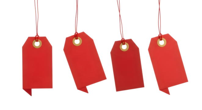 Four red paper price tags hanging on red strings, isolated on transparent background