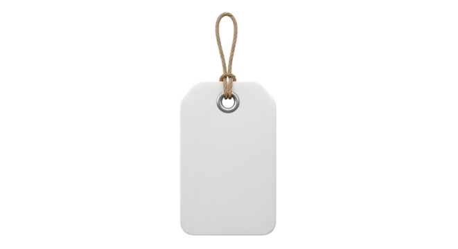 Blank white rectangular tag with rounded corners and a metal grommet, hanging from a loop of coarse twine, isolated on transparent background