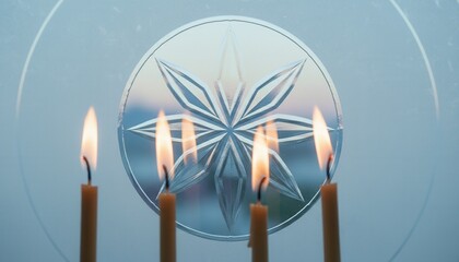 Close-up of candle flames reflecting in frosted glass with an etched star symbol. Spiritual ceremony or vigil with four burning lights. Hope and faith concept
