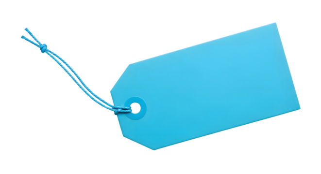 A single light blue blank tag with a string attached, isolated on a transparent background
