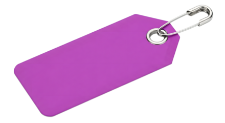 A single purple blank tag with a safety pin attached, isolated on transparent background