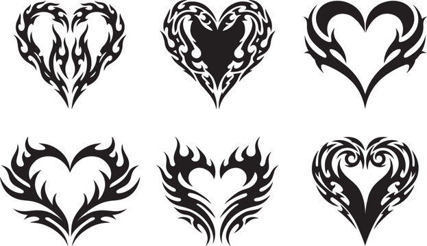 Tribal heart tattoo vector set, black silhouette love symbol design