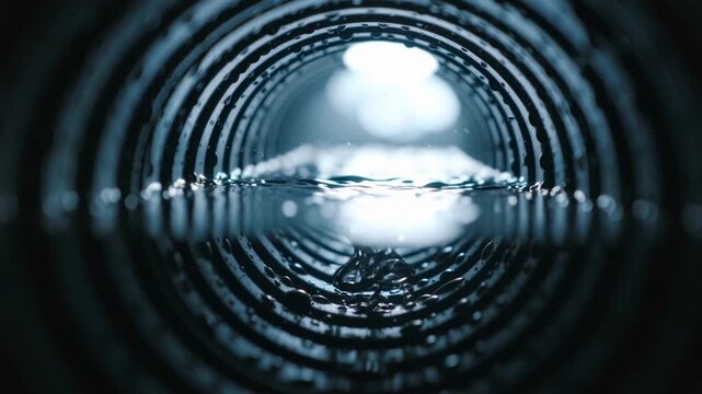 inside view of a pipe gradually filling with water, macro perspective of flowing liquid