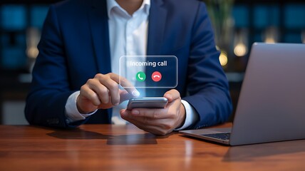 Businessperson Interacting with Smartphone and Laptop Featuring Digital Incoming Call Notification Icons in a Professional Office Environment