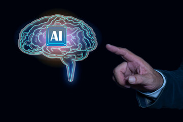 Artificial intelligence (AI) technology concept with digital brain hologram. Futuristic innovation,...