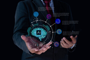 Businessman using smart devices for Digital technology connection and marketing, Ai tech, Big data analytics and business intelligence concept. Digital link tech, big data, business target.