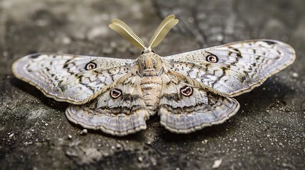 Moth resting on a green leaf with visible wing patterns, captured in natural daylight. The insect displays soft brown and beige colors, showcasing delicate antennae and textured wings in a peaceful ou