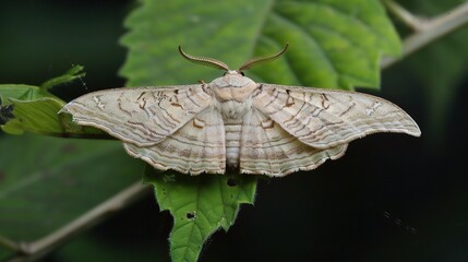 Moth resting on a green leaf with visible wing patterns, captured in natural daylight. The insect displays soft brown and beige colors, showcasing delicate antennae and textured wings in a peaceful ou