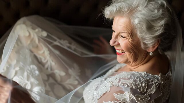Elegant Bride: A radiant senior woman embodies timeless beauty and joy, captured gracefully in her wedding attire, creating a moment of pure bliss.