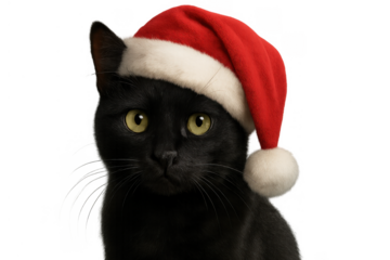 Black cat wearing santa hat for christmas, celebrating winter holidays, festive pet looking at camera on transparent background