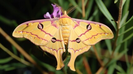 Moth resting on a green leaf with visible wing patterns, captured in natural daylight. The insect displays soft brown and beige colors, showcasing delicate antennae and textured wings in a peaceful ou