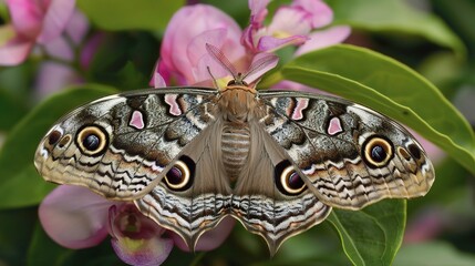 Moth resting on a green leaf with visible wing patterns, captured in natural daylight. The insect displays soft brown and beige colors, showcasing delicate antennae and textured wings in a peaceful ou