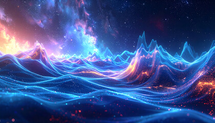 Vast Cosmic Seascape with Wavy Lines of Blue Light, Celestial Ocean, Illuminated Mountains, and Swirling Starry Sky