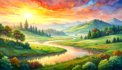 Serene Valley Landscape with Rolling Green Hills, Reflective Water, and a Warm Orange to Blue Sunset Sky