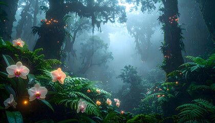 Vibrant and Lush Jungle Landscape, Framed by Dense Tropical Foliage, Leading to Cascading Waterfalls and Flowering Canopy