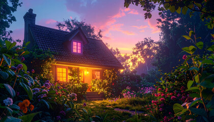 Quaint Country Cottage at Sunset, Surrounded by Lush Greenery and Blooming Flowers with an Inviting Path