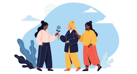 Fototapeta premium Three diverse women sharing a moment of connection and support, with one offering a flower and another offering comfort.