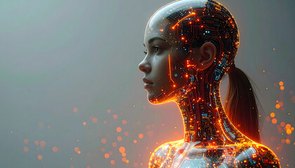 Person with Futuristic Cybernetic Elements, Glowing Red Dots, and Digital Patterns in a Sci-Fi Fusion
