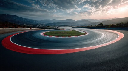 A winding race track curves around a green island under a dramatic sky