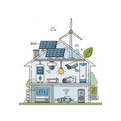 Illustration of a smart eco-friendly house with solar panels, wind turbine, battery storage, and security cameras.