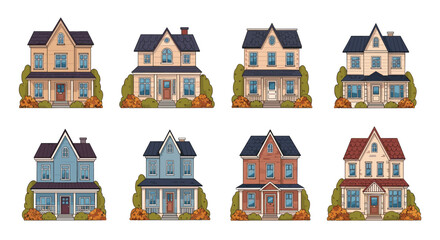 Fototapeta premium A charming collection of various cartoon houses in distinct architectural styles, surrounded by colorful autumn bushes.
